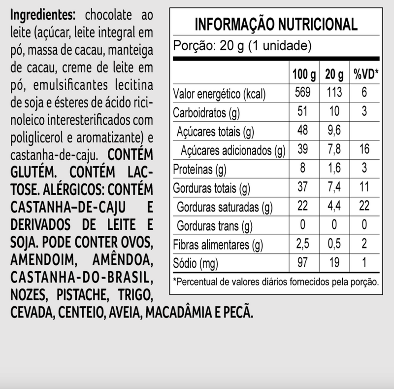 Cacau Show Tablete ao Leite com Castanha de Caju 20g