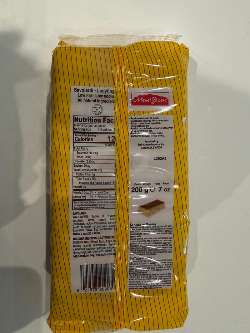 Verso da embalagem original de Savoiardi Mont Blanc 200 g