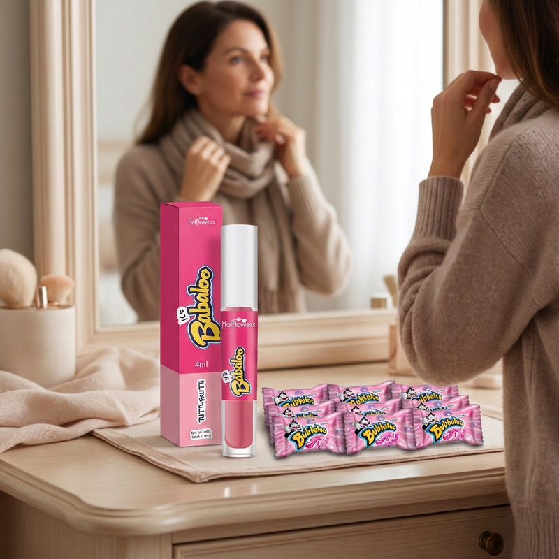 Kit de gloss Babaloo e dez chicletes Bubbaloo Tutti-Frutti em penteadeira, em cena ilustrativa; acessórios não inclusos
