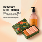 Imagem informativa do kit Natura Ekos Pitanga com hidratante 400ml e quatro sabonetes de 100g