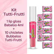 Imagem informativa do kit com um lip gloss Babaloo 4ml e dez chicletes Bubbaloo Tutti-Frutti