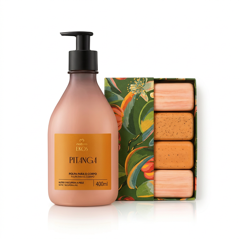 Kit Natura Ekos Pitanga com hidratante corporal 400ml e caixa com quatro sabonetes de 100g em fundo branco