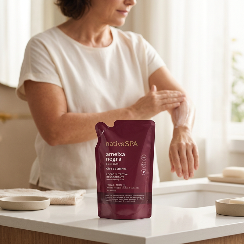 Refil Nativa SPA Ameixa Negra 350ml em destaque com mulher em rotina de cuidados corporais ao fundo, em cena ilustrativa