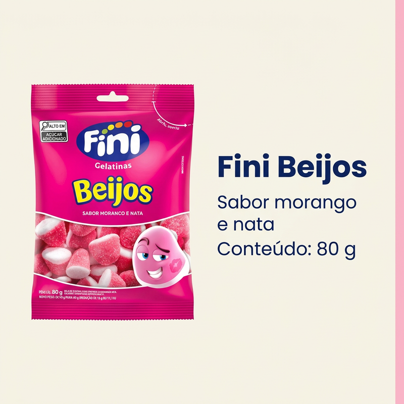 Imagem informativa Fini Beijos sabor morango e nata 80 g