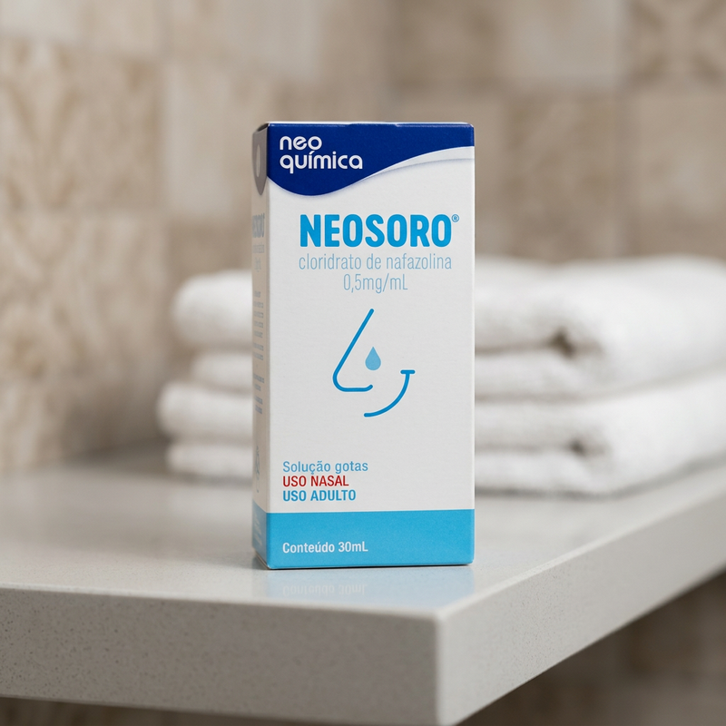 Embalagem de Neosoro 30 ml em cenário ilustrativo de prateleira; acessórios não inclusos