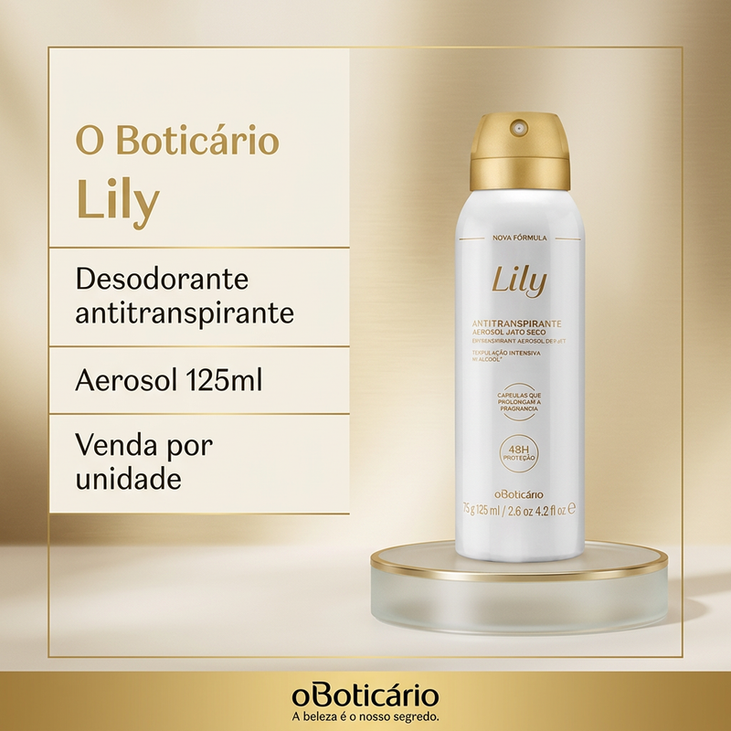 Imagem informativa Lily Desodorante Antitranspirante Aerosol 125ml; pedestal cenográfico não incluso