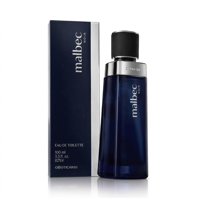 O Boticário Malbec Noir Eau de Toilette 100ml com frasco e caixa em fundo branco