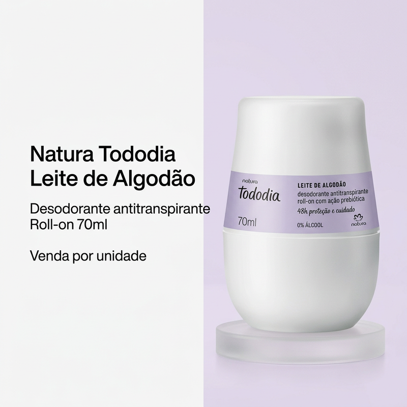 Imagem informativa Natura Tododia Leite de Algodão Desodorante Antitranspirante Roll-on 70ml; pedestal cenográfico não incluso