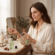 Mulher adulta aplicando Natura Ekos Andiroba Colônia Frescor no pulso em cena ilustrativa de perfumação