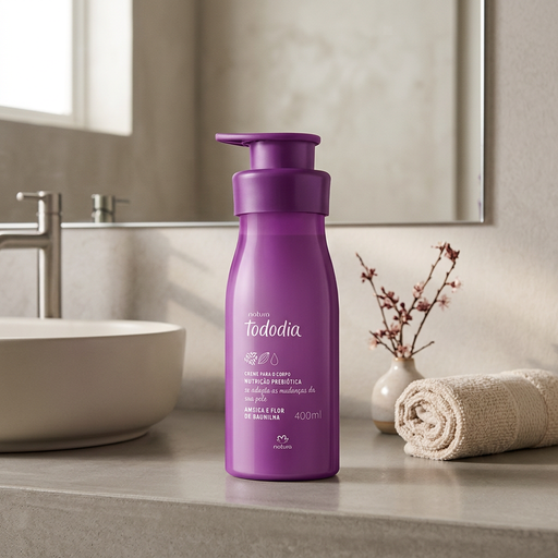 Hidratante Natura Tododia Ameixa e Flor de Baunilha 400ml em bancada de banheiro, em cena ilustrativa