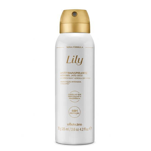 O Boticário Lily Desodorante Antitranspirante Aerosol 125ml em fundo branco
