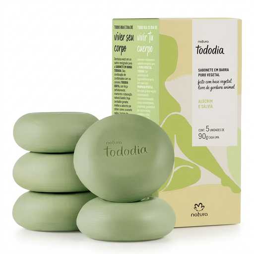 Caixa Natura Tododia Alecrim e Sálvia com cinco sabonetes de 90g em fundo branco