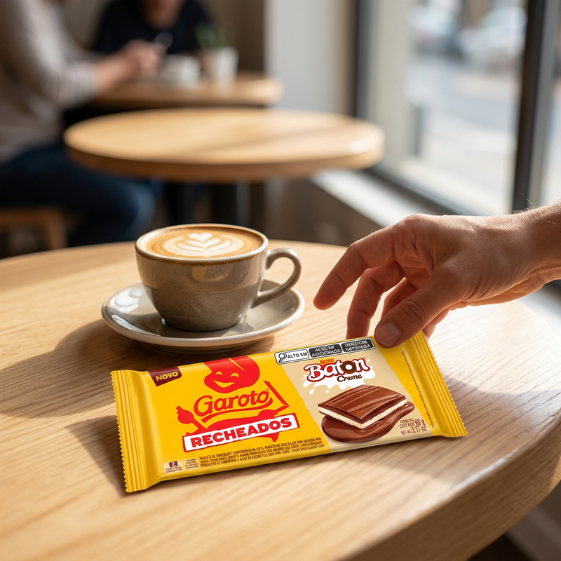 Garoto Baton Creme em cena ilustrativa com café