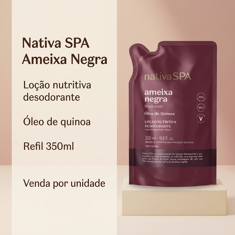 Imagem informativa Nativa SPA Ameixa Negra Loção Nutritiva Desodorante com óleo de quinoa, refil 350ml; pedestal cenográfico não incluso