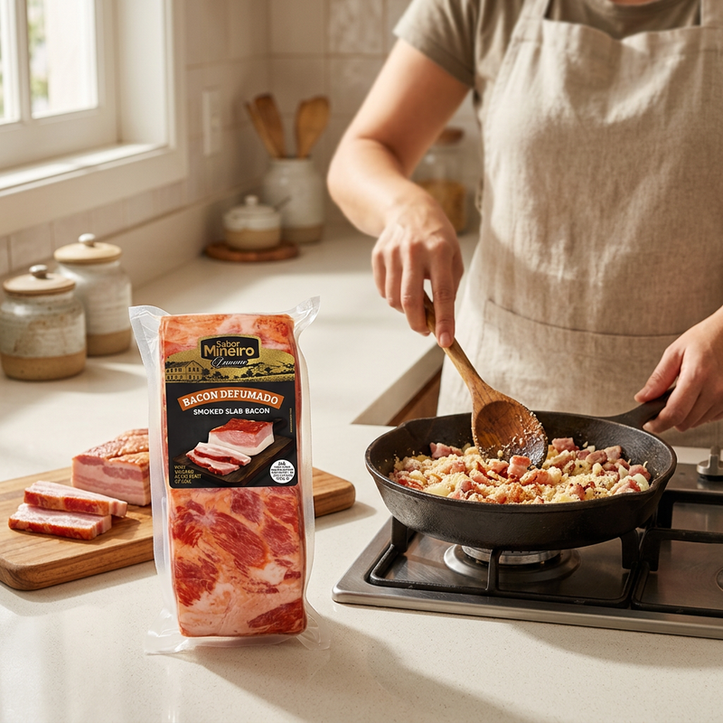 Bacon Sabor Mineiro em cena ilustrativa de preparo de farofa