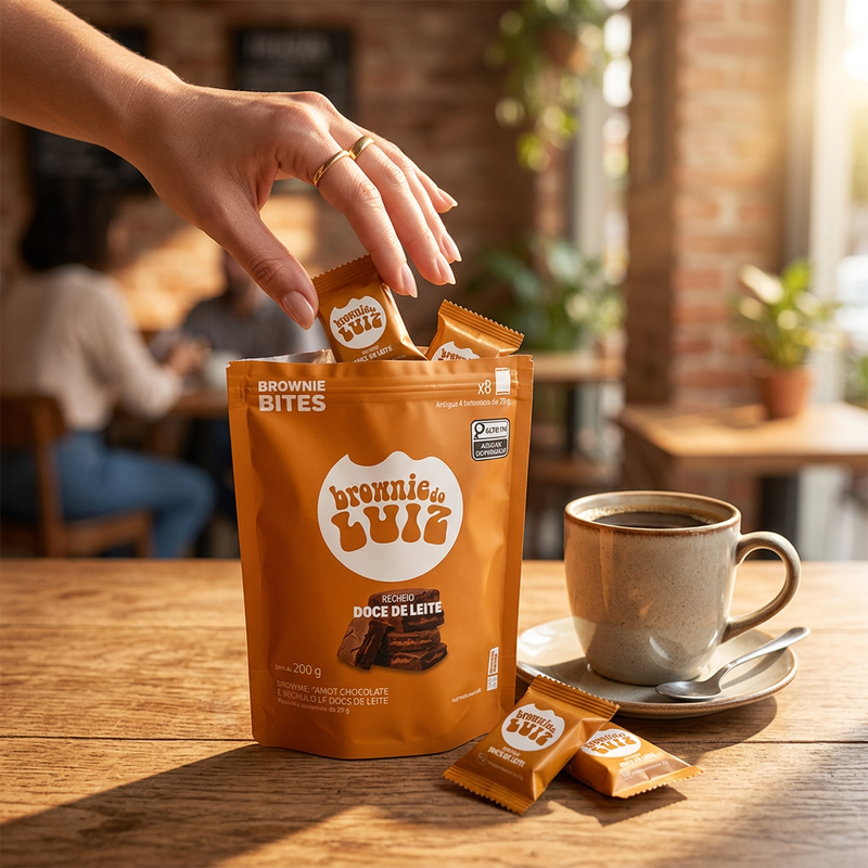 Brownie Bites Doce de Leite em cena ilustrativa com café