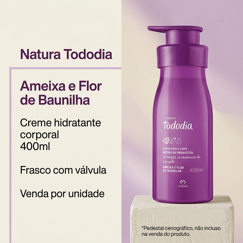 Imagem informativa do Natura Tododia Hidratante Ameixa e Flor de Baunilha 400ml com frasco e válvula; pedestal cenográfico não incluso