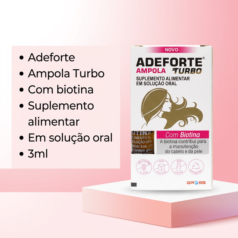 Imagem informativa Adeforte Ampola Turbo com Biotina 3ml, suplemento alimentar em solução oral; pedestal cenográfico não incluso