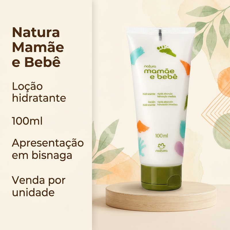 Imagem informativa Natura Mamãe e Bebê Loção Hidratante 100ml em bisnaga; pedestal cenográfico não incluso