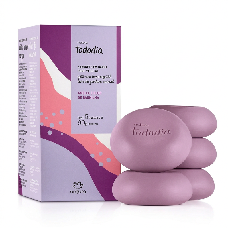 Natura Tododia Ameixa e Flor de Baunilha, caixa com cinco sabonetes de 90g em fundo branco