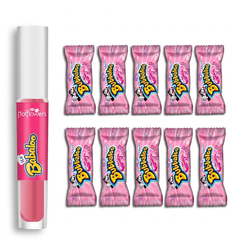 Kit com um gloss Babaloo Tutti-Frutti 4ml e dez chicletes Bubbaloo Tutti-Frutti em fundo branco