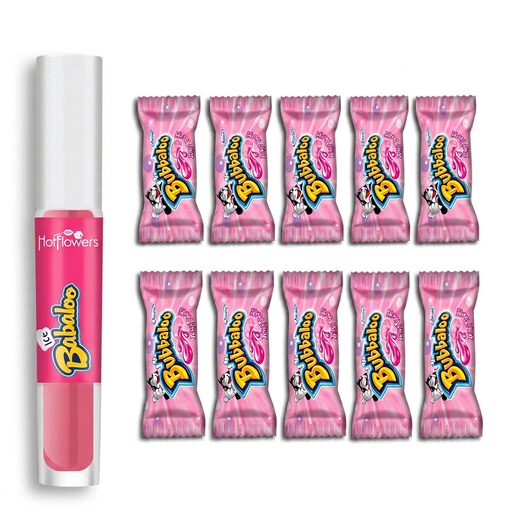 Kit com um gloss Babaloo Tutti-Frutti 4ml e dez chicletes Bubbaloo Tutti-Frutti em fundo branco