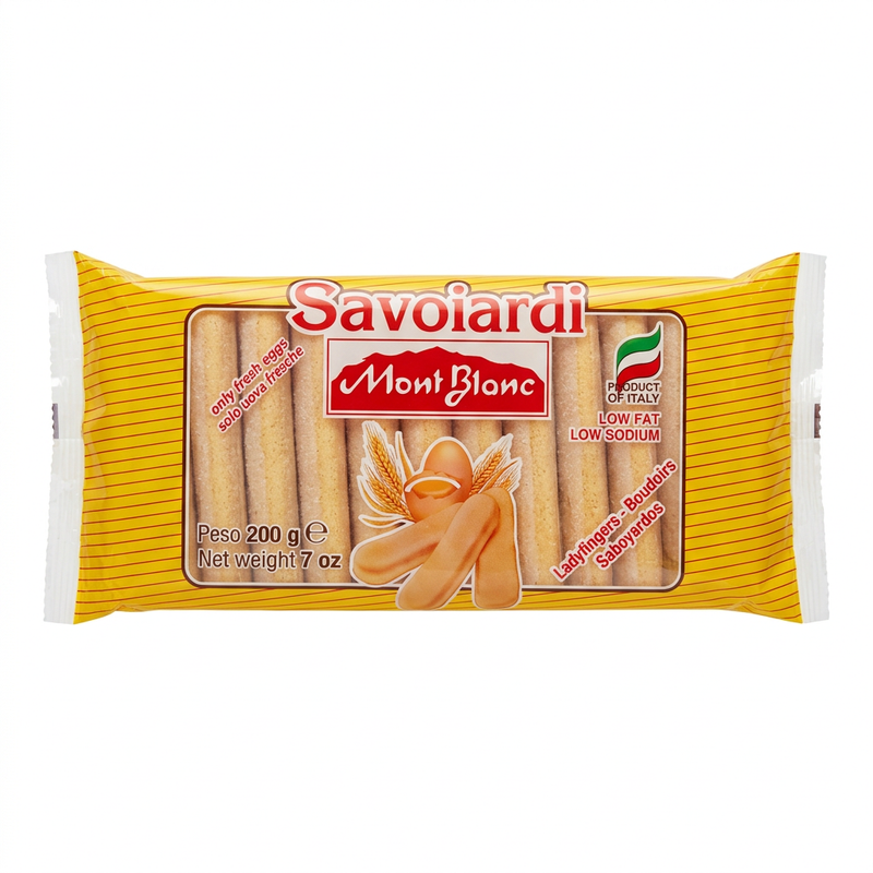 Embalagem de Biscoito Savoiardi Mont Blanc 200 g em fundo branco