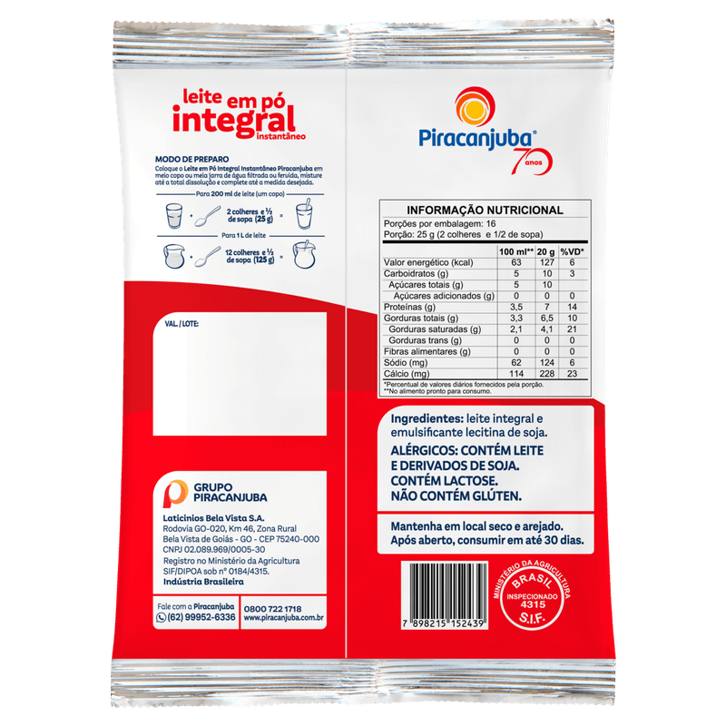 Piracanjuba Leite em Po Integral 400g