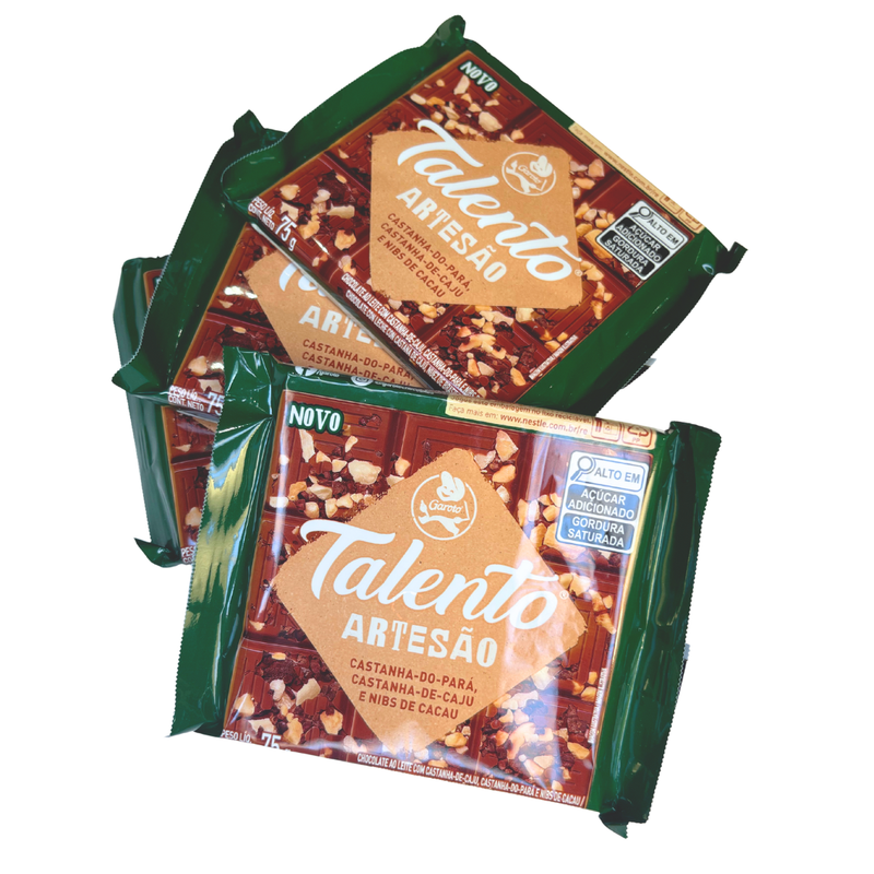 Garoto Talento Artesao Chocolate ao Leite com Castanha do Para, Castanha de Caju e Nibs de Cacau