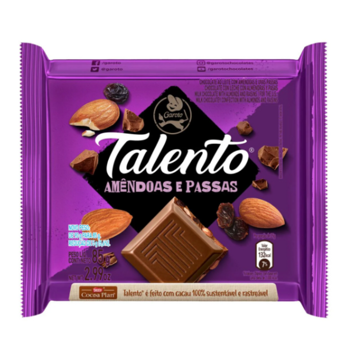 Garoto Talento Chocolate ao Leite com Amendoas e Uvas Passas 85gr