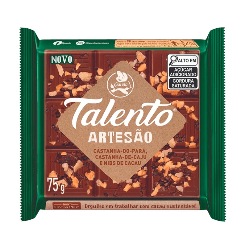 Garoto Talento Artesao Chocolate ao Leite com Castanha do Para, Castanha de Caju e Nibs de Cacau