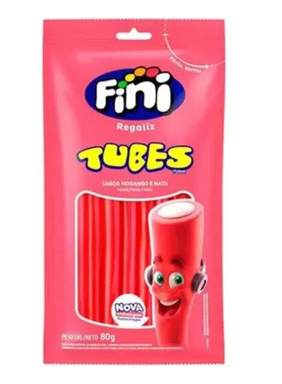 Fini Bala Tubos Sabor Morango e Nata 80g - Tubes Gelatin Candy Strawberry 3oz - Hi Brazil Market