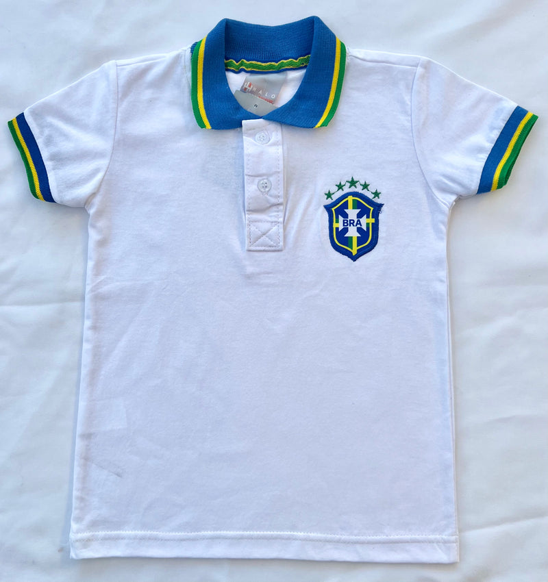 Brasil Camisa Polo Infantil Branca - Brazil Kid Polo Shirt White - Hi Brazil Market