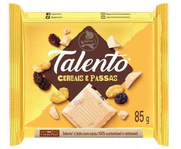 Garoto Talento - Chocolate Branco com Cereais e Uvas Passas 85g - White Chocolate with Cereals and Raisins 85g - Hi Brazil Market